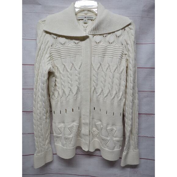 Tommy Hilfiger Size Medium Cream Cable Knit Snap Up Cardigan w/ Collar - Picture 1 of 10
